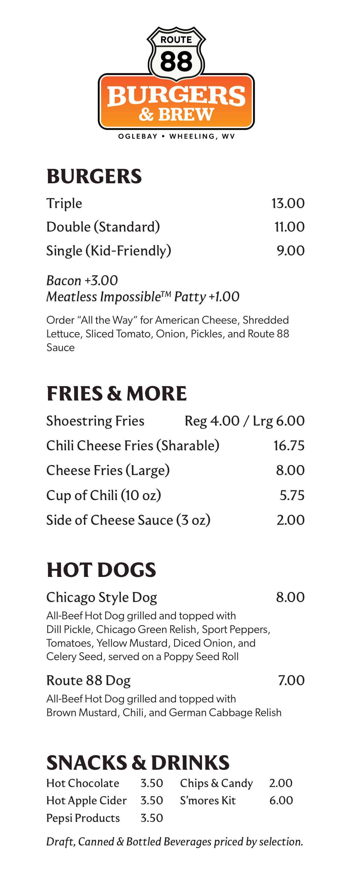 Route 88 Burgers & Brew menu